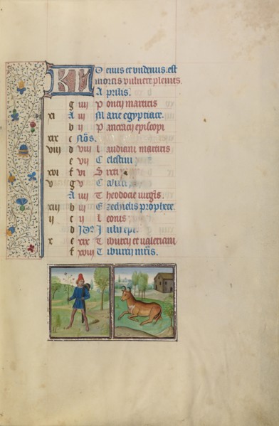 April Calendar Page: Picking Flowers: Taurus; Arenberg Hours, early 1460s. Creator: Workshop of Willem Vrelant.