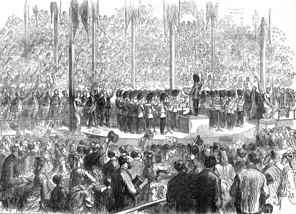 Musical Festival at Boston: band of the Grenadier Guards playing "The Star-Spangled Banner", 1872. Creator: Unknown.