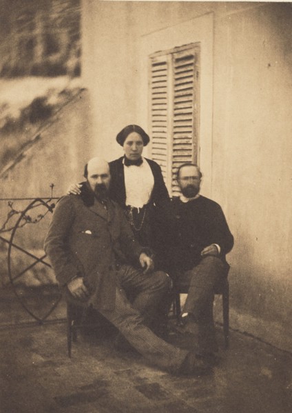 Portrait of Rachel Félix and Two Unidentified Men on a Balcony, 1853. Creator: Charles Nègre.