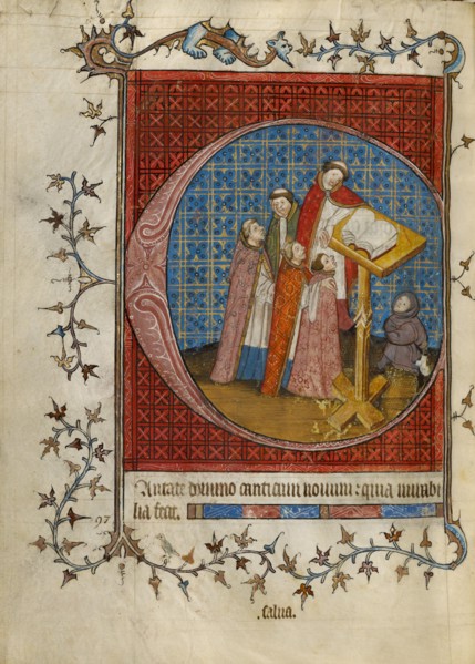 Initial C: Clerics Singing from a Choir Book; Psalter, about 1390. Creator: Unknown.