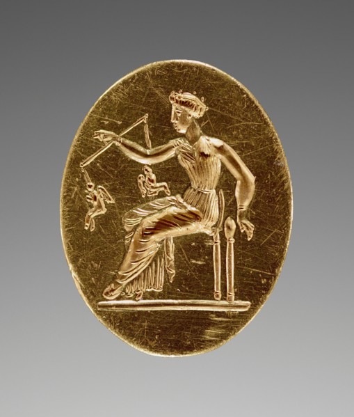 Engraved Ring with Aphrodite Weighing Two Erotes, about 350 BC. Creator: Unknown.
