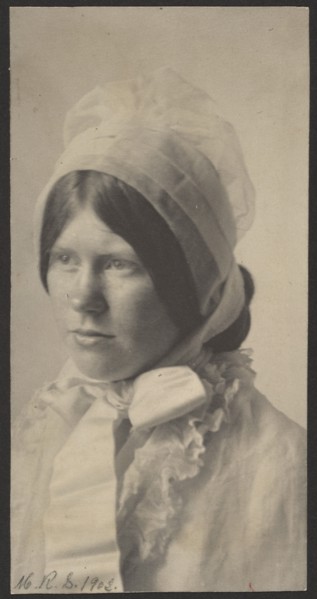 Portrait of woman in bonnet, 1908. Creator: Mary R Stanbery.