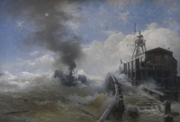A Tug Leaving the Port of Ostend at High Tide, 1878. Creator: Andreas Achenbach.