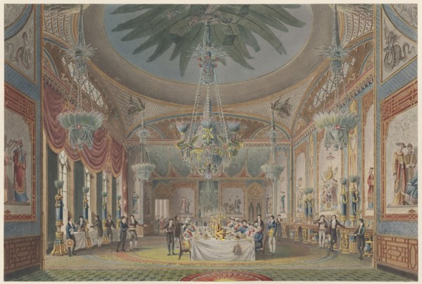 The Banquetting Room, Royal Pavilion, Brighton [as designed by John Nash], 1 December 1824. Creators: John Le Keux, John Samuel Agar.