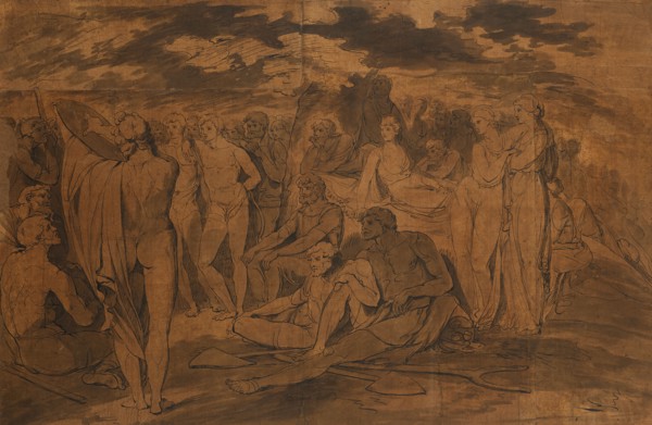 Poet reciting to a crowd seated and standing around a tree (or Homer and Orpheus), 1770s. Creator: James Jefferys.