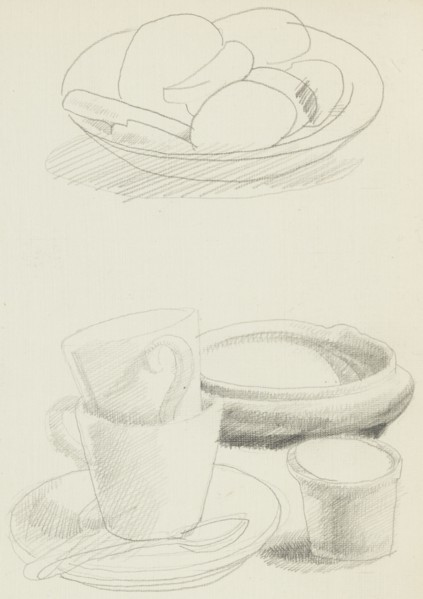 Still life study of a bowl of fruit and crockery, c1900-1940. Creator: Francis Ernest Jackson.