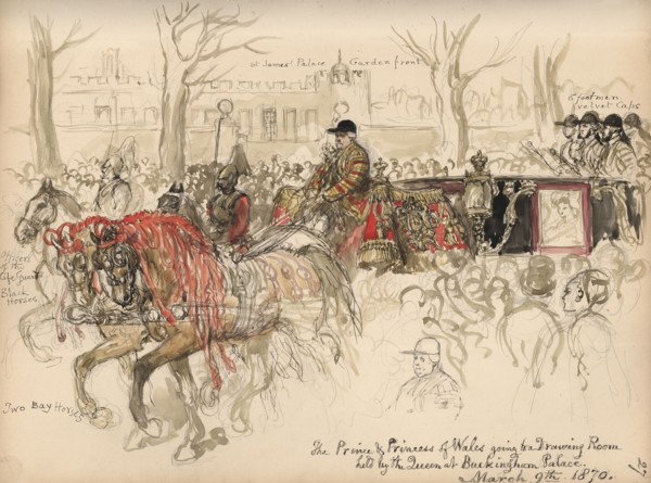 Leaf from a sketchbook with a drawing of the Prince and Princess of Wales going to a..., 1870. Creator: Sir John Gilbert.