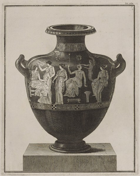 Attic hydria showing Apollo, Eros and the Muses at their toilet, 1766 [-1767].  Creator: Unknown.
