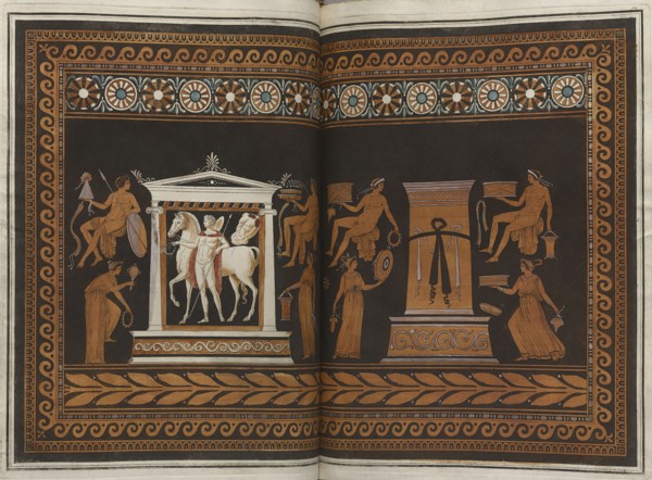 The Hamilton Vase: Colour plate of youth in a temple, stele and eight youths, 1766 [-1767].  Creator: Unknown.