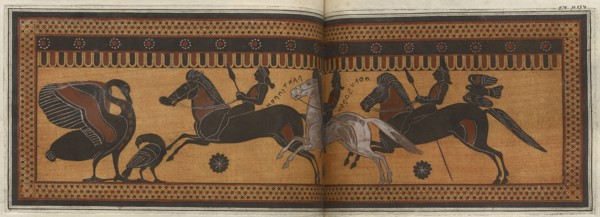 The Hunt Krater: coloured plate showing three galloping horsemen, 1766 [-1767].  Creator: Unknown.