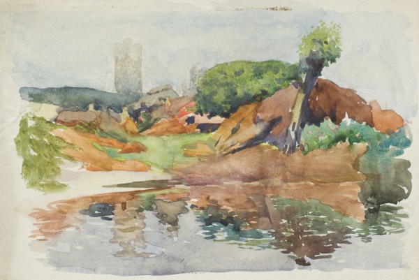 Village scene with pond, c1875-1944. Creator: George Clausen.