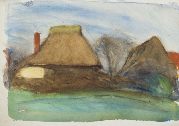 Study of thatched cottages in a landscape, c1875-1944. Creator: George Clausen.