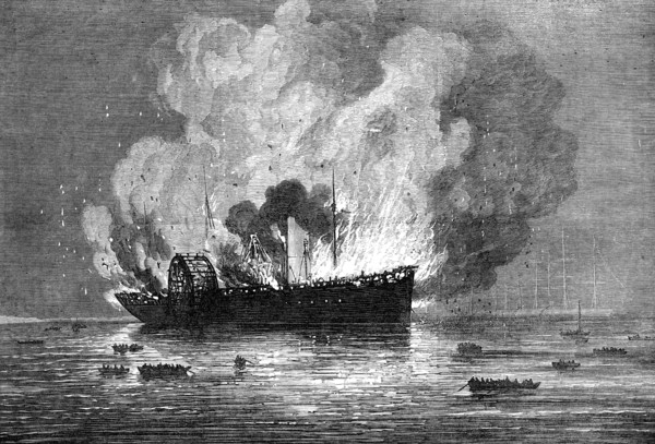 Burning of the Pacific Mail Company's ship America, at Yokohama, 1872. Creator: Unknown.