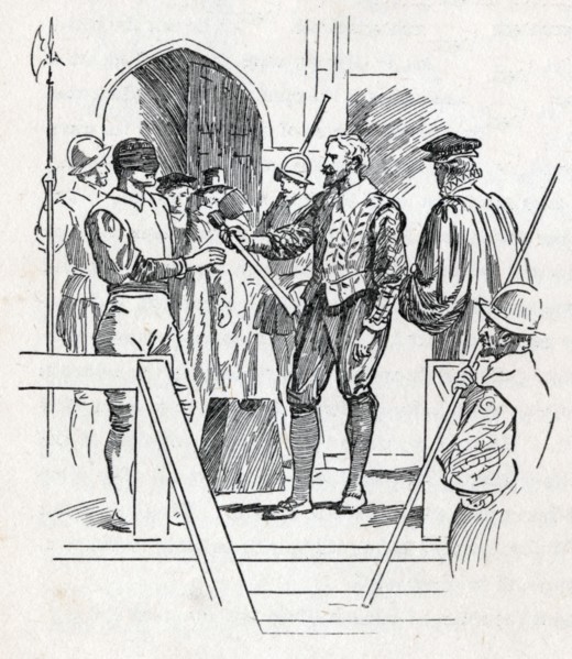 Sir Walter Raleigh holds his executioner's axe, c1900.  Creator: Howard Davie.