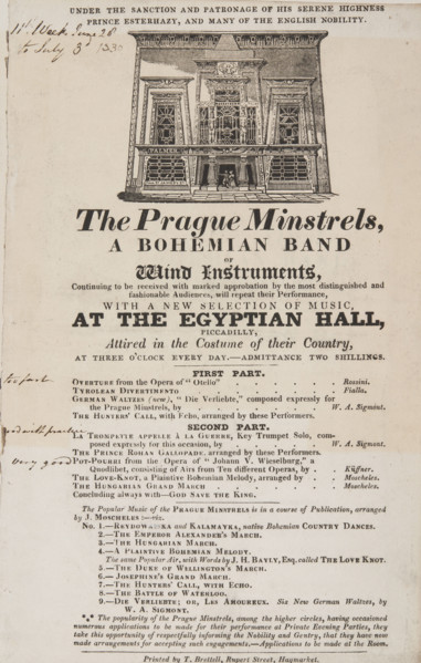 The Prague Minstrels, a Bohemian Band of Wind Instruments, at the Egyptian Hall Piccadilly, 1830. Creator: Unknown.