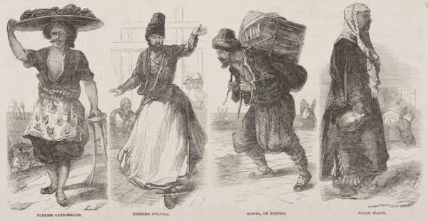 Turkish Cake-Seller; Dancing Dervish; Hamal, or Porter; Black Slave, 19th century. Creator: Unknown.