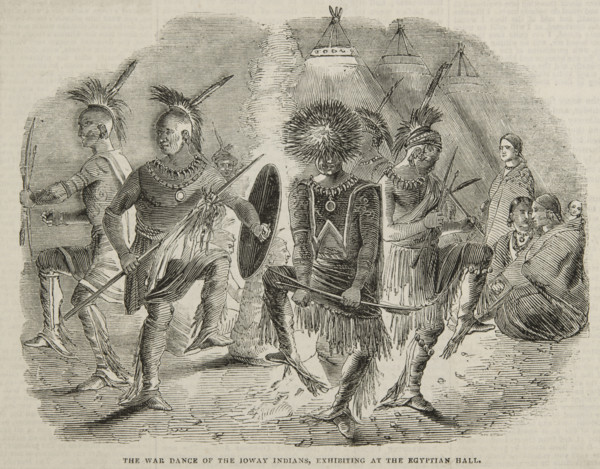 The War Dance of the Ioway Indians, exhibiting at the Egyptian Hall, 1844. Creator: Unknown.