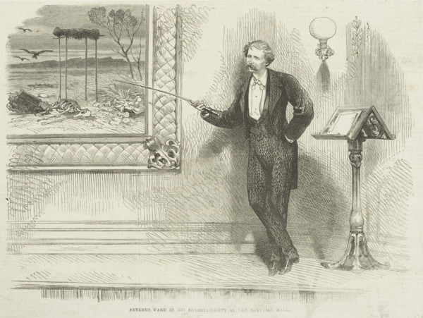Artemus Ward in his entertainment at the Egyptian Hall, 1866. Creator: Unknown.