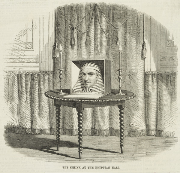 Sphinx on exhibition at Egyptian Hall, 1865. Creator: Unknown.