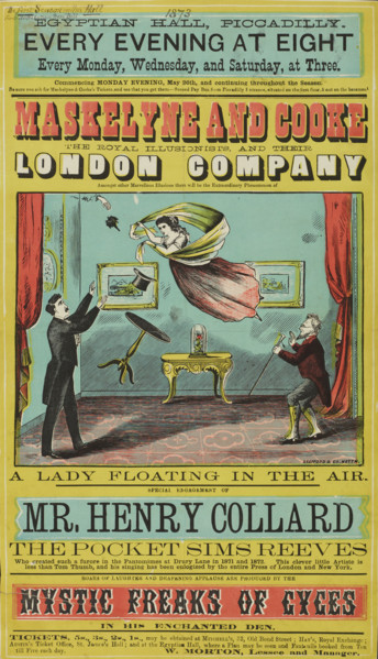 Maskelyne and Cooke, A Lady floating in the air at the Egyptian Hall, Piccadilly, 1873. Creator: Unknown.