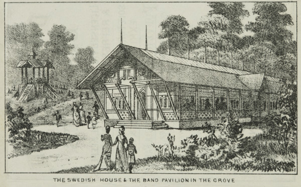 The Swedish House and the Band Pavilion in the Grove at Alexandra Palace , 19th century. Creator: Unknown.