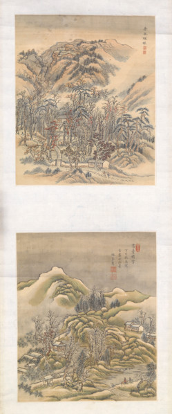 Two landscape album leaves on single mount, 1817. Creator: Xue Hui.