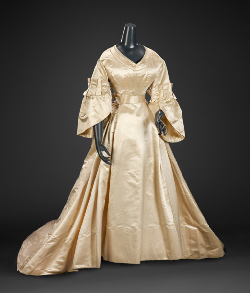 Wedding Dress (Skirt, Bodice, Peplum, Pair of Gloves), about 1870. Creator: Unknown.