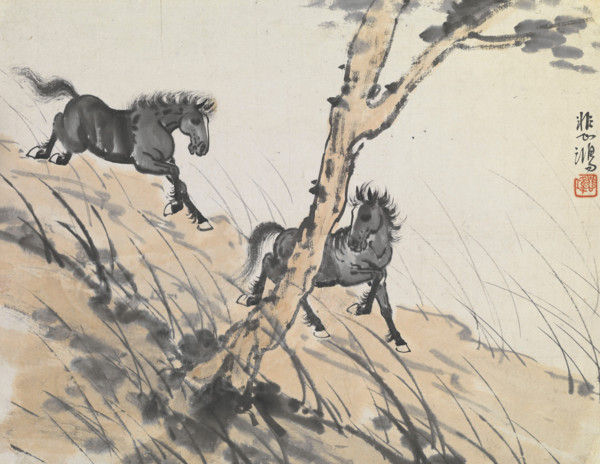 Two horses on hillside, early 1900s. Creator: Xu Beihong.