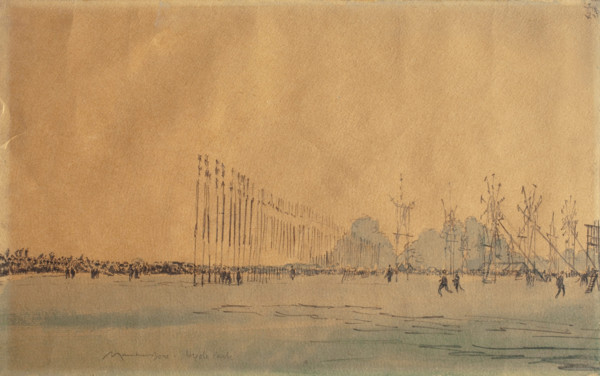 Preparing the Peace Illuminations at Hyde Park #1, 1919. Creator: David Muirhead Bone.