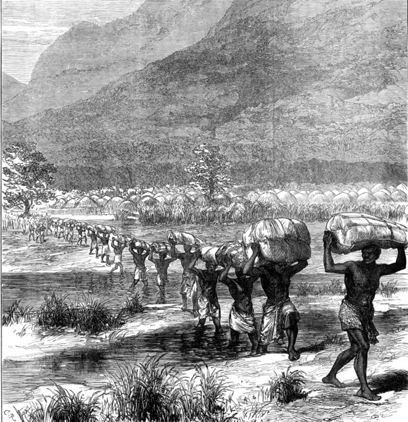 The Livingstone Aid Expedition: crossing a river in East Africa, 1873. Creator: Unknown.