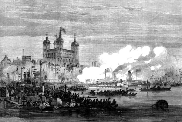 The Shah on the Thames: embarking at the Tower for the West India Dock and Greenwich, 1873. Creator: Unknown.