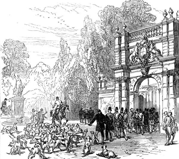 At Trentham: inspecting a pack of English foxhounds, 1873. Creator: Unknown.