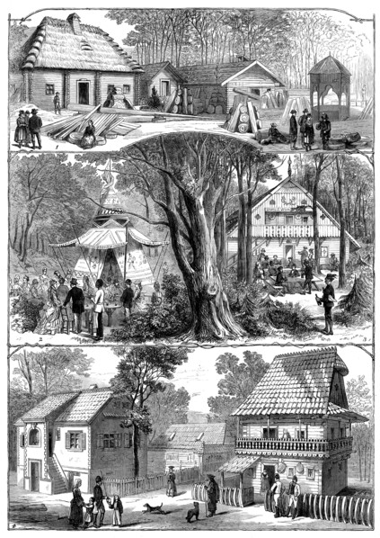 The Vienna Exhibition: 1. Styrian Alpine Hut. 2. Indian Wigwam. 3. Styrian Winehouse..., 1873. Creator: Unknown.