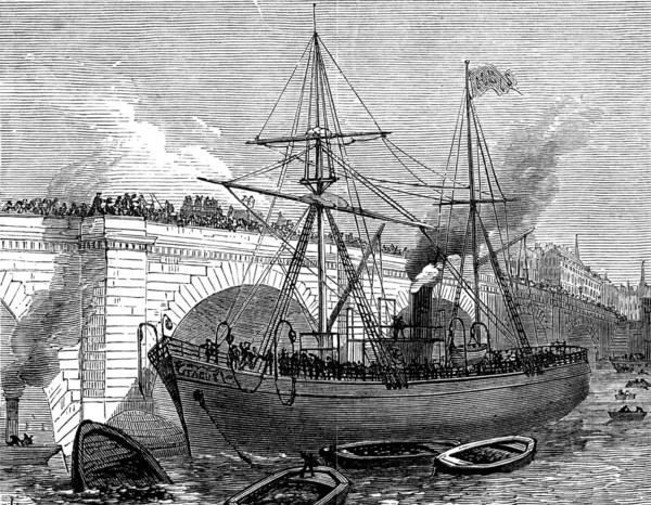 A ship running foul of London Bridge, 1873. Creator: Unknown.