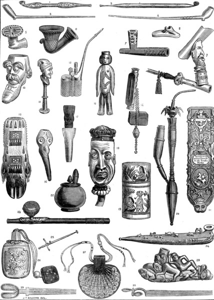 Ancient and curious tobacco-pipes, from the International Exhibition, 1873. Creator: Unknown.