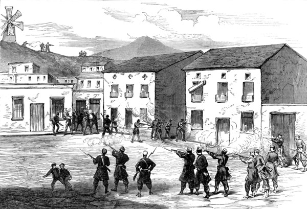 The Civil War in Spain: Carabiniers resisting the Carthagena insurgents at Aguilas, 1873. Creator: Unknown.