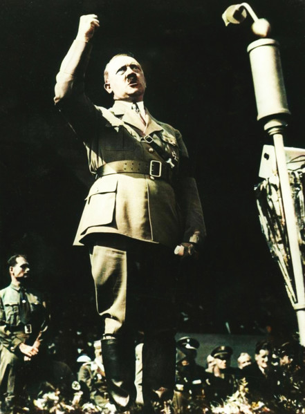 Adolf Hitler addressing a Nazi rally at Nuremberg, Germany, 1930s. The Nazi Party held annual