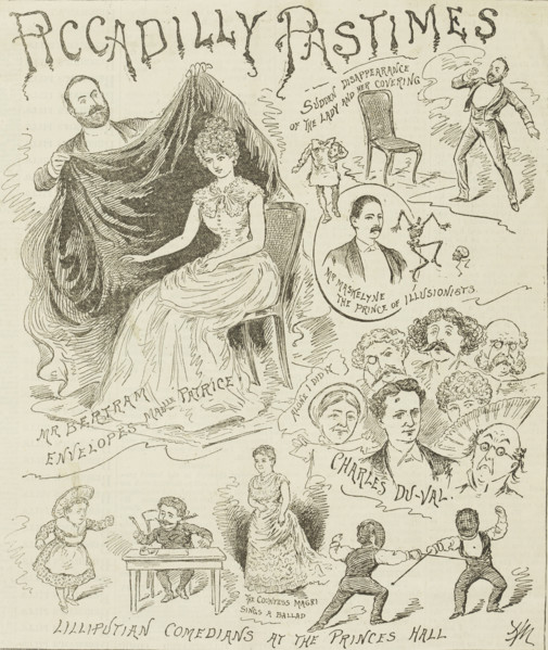 Piccadilly Pastimes, 1886. 'Sudden Disappearance of the Lady and her Covering; Mr Bertram Envelopes