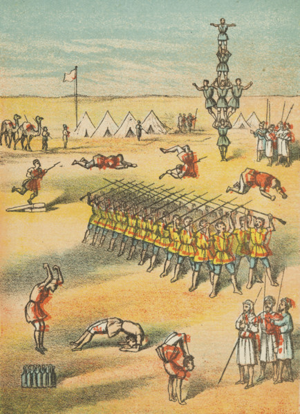 Desert scene with acrobats, soldiers, camels and tents, 19th century.