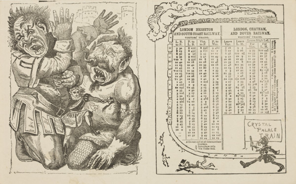 Train timetable and scene from the Crystal Palace pantomime, mid-late19th century. Poster or flier