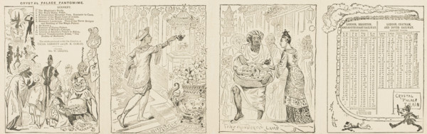 Train timetable and scenes from the Crystal Palace pantomime, mid-late19th century. 'The whole