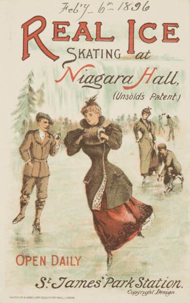 Real Ice Skating at Niagara Hall, Westminster, 1896. Illustrated advertisement for attractions at a