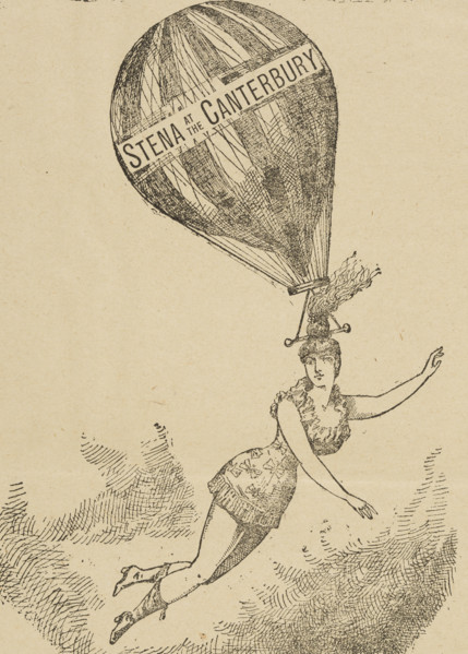 Mademoiselle Stena, balloon performances at the Canterbury Theatre, 1886. Woman hanging from a