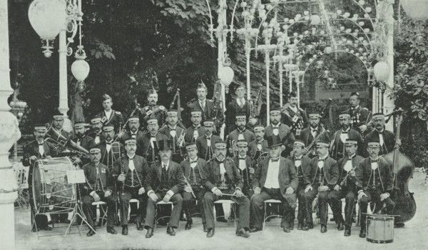The London Military Band at Kroll's Garden in Berlin, Germany, 1896. Group portrait of British