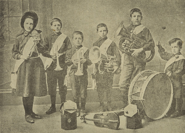 Salvation Army child musicians at Kennington Lane Barracks, London, 1896. Illustration from an