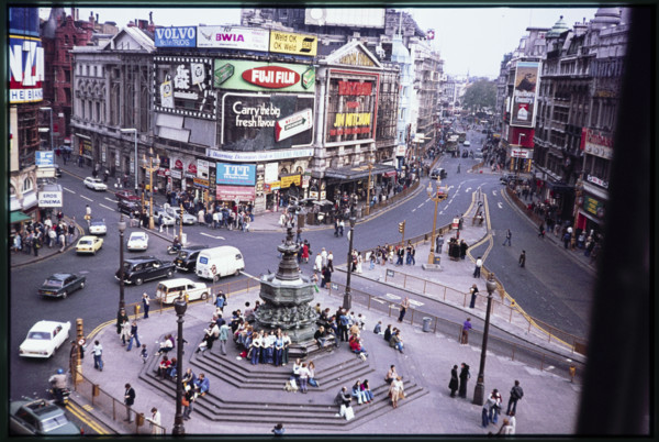 An elevated view looking north-east over Piccadilly Circus and the Shaftesbury Memorial Fountain,