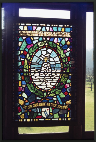 A stained glass window commemorating Lawrence Edward Grace Oates in The Oates Memorial Museum at