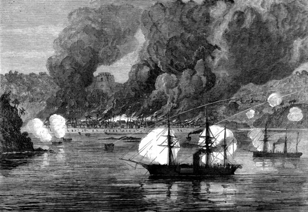 The War on the Gold Coast: bombardment and burning of Bootry by H.M.S. Argus and decoy, Oct. 28,