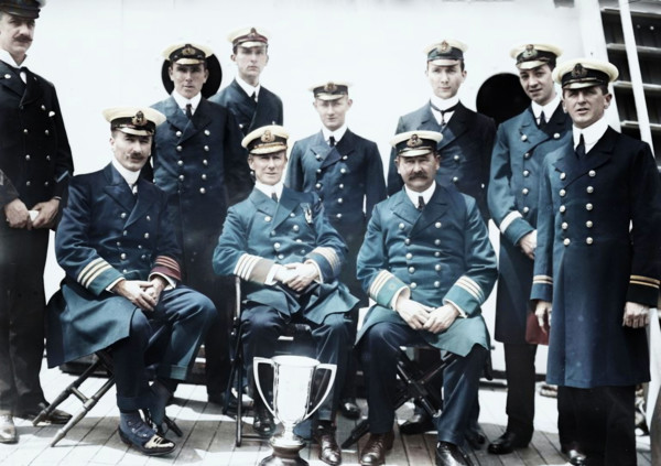 Captain Rostron & under officers of Carpathia [ship], 1912. Shows Captain Arthur Henry Rostron next