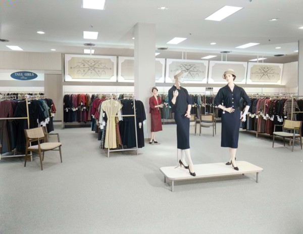 Filene's, business in North Shore Shopping Center, Peabody, Massachusetts, 1957. (Colorised black